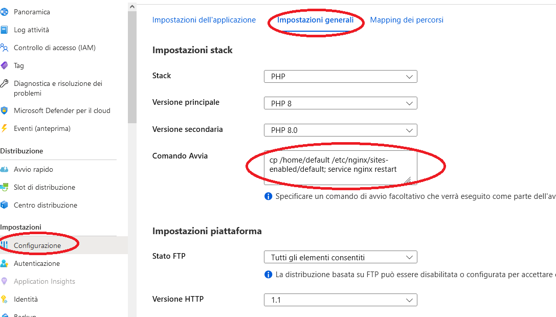 Configurazione della Web App Azure nell’esempio tecnico